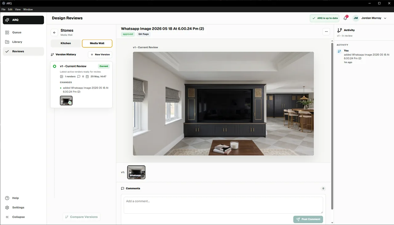 ARQ design review board showing version history, comments, and an approved render