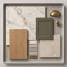 Generated mood board with stone, oak, olive cabinetry and brass hardware