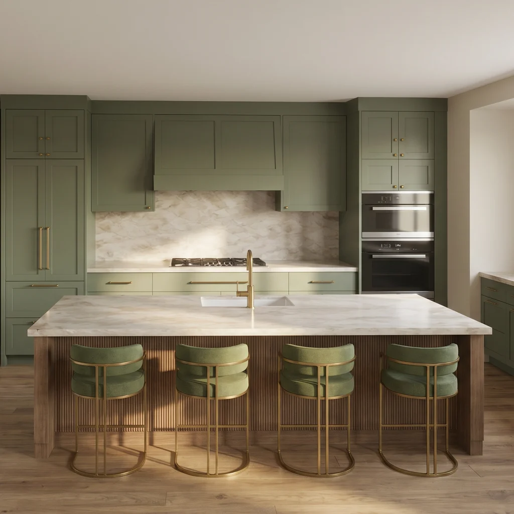 Client-ready AI kitchen render with a green island and bright cabinetry.