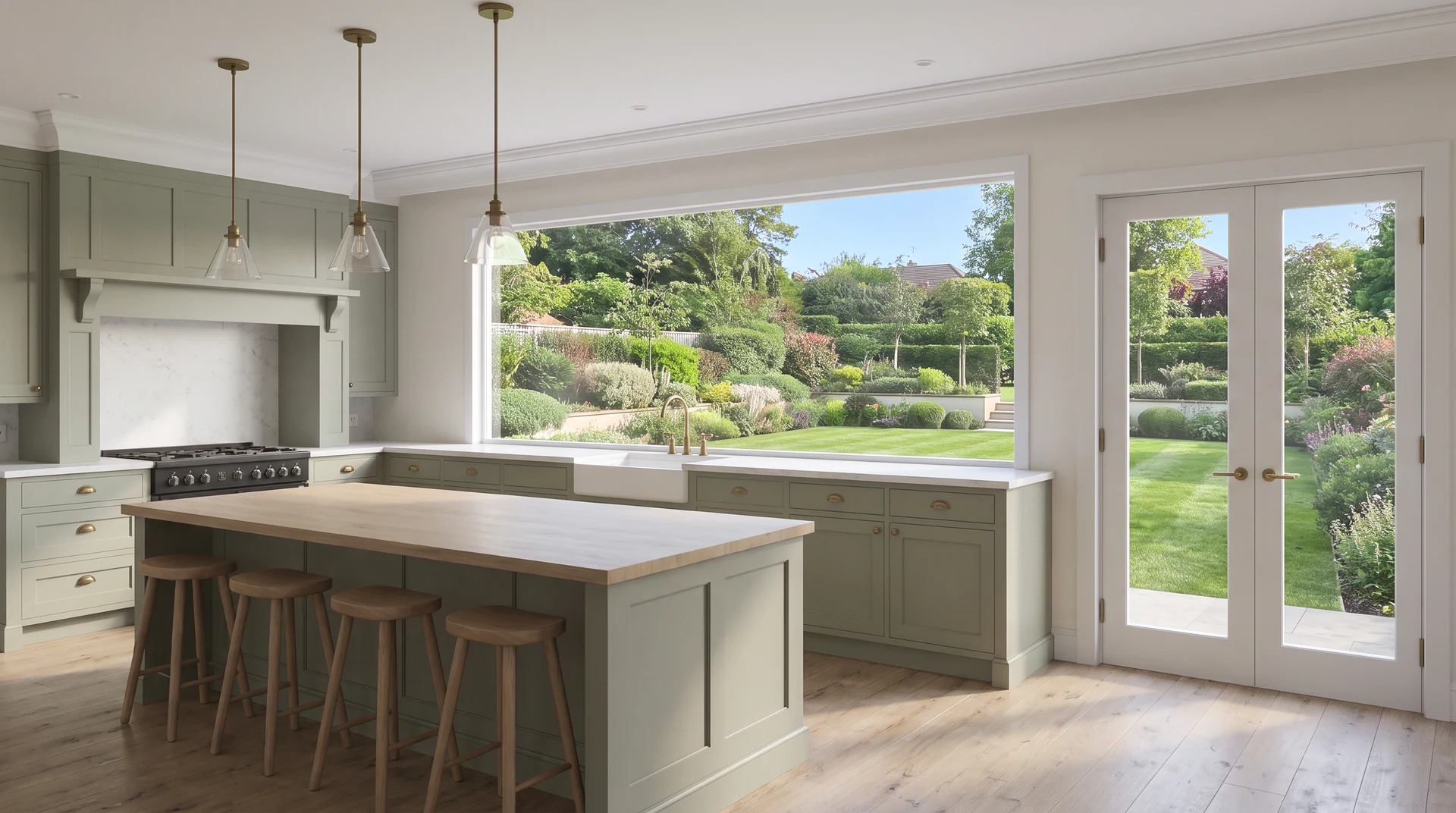 A light green kitchen opening onto a landscaped garden