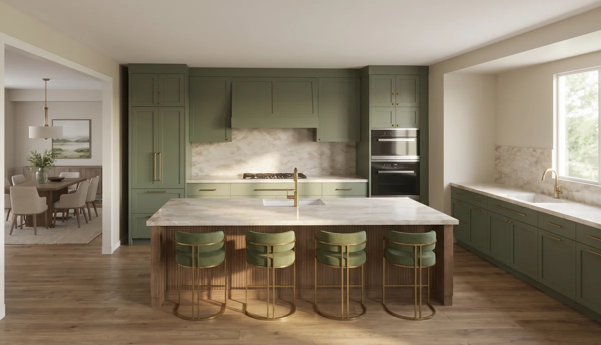Photorealistic AI kitchen render showing a polished showroom presentation visual.