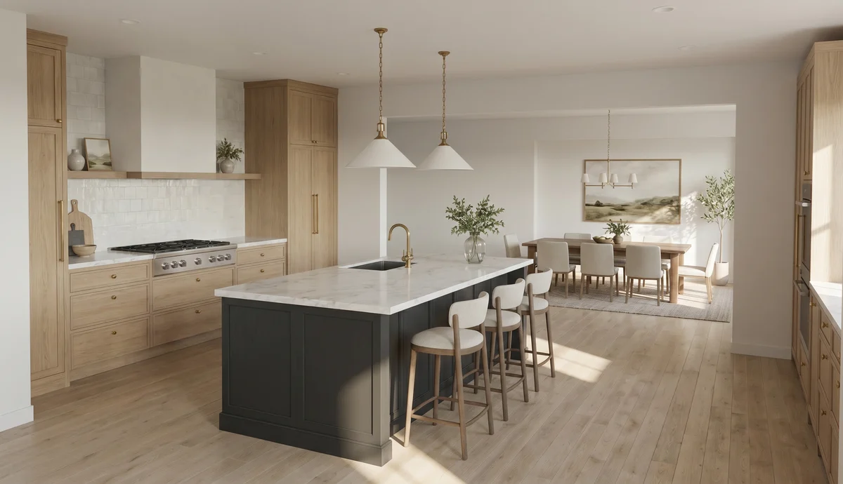 Polished open-plan kitchen render